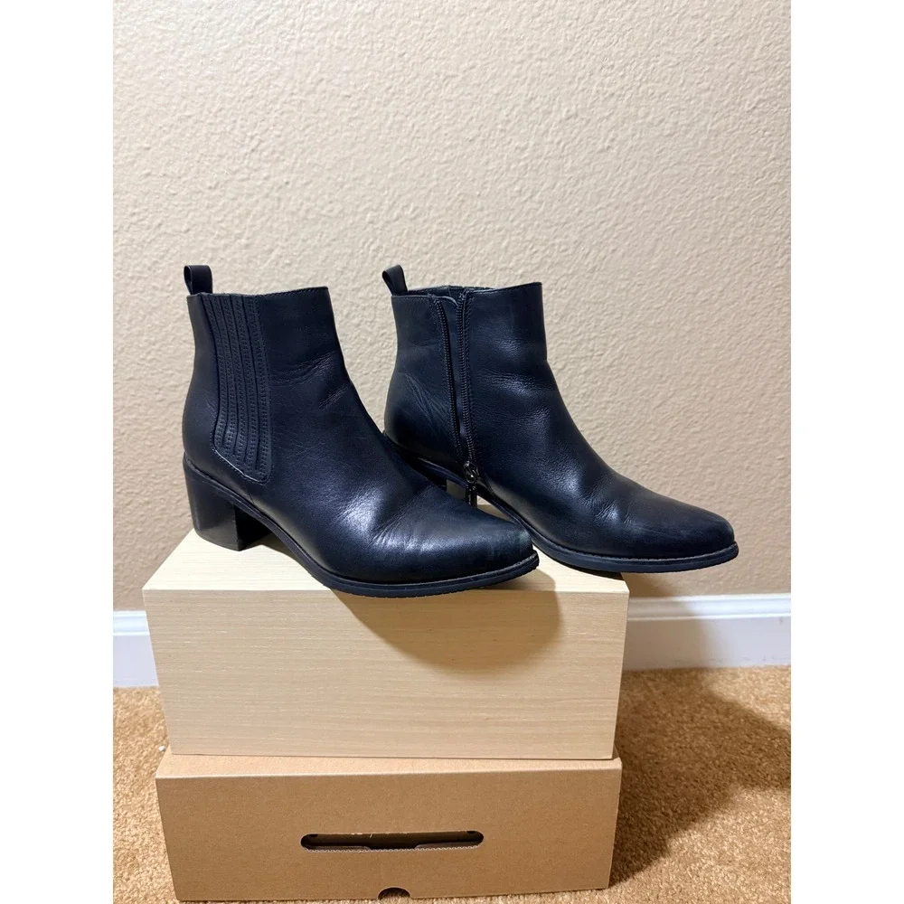 Blondo Waterproof Sz 8 Black Leather Ankle Boots Block Heel Pointed Toe Booties - Picture 2 of 10
